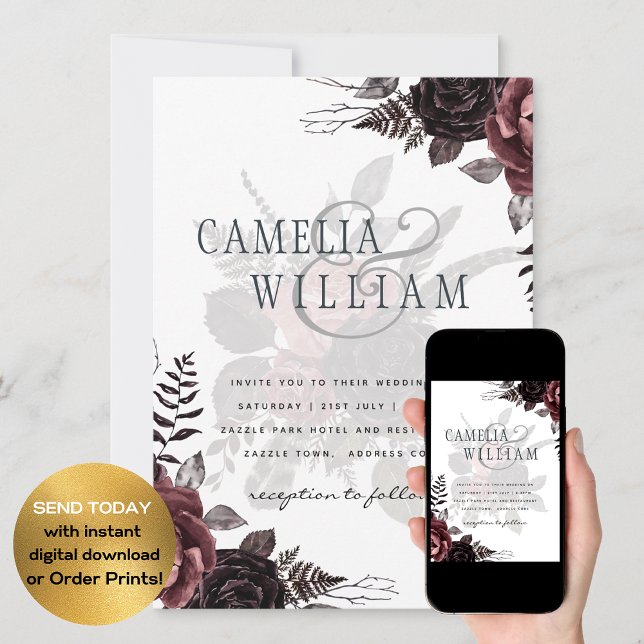 Invitation Roses noirs de Bourgogne foncée Mariage automne hi (Créateur téléchargé)