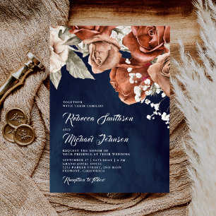 Invitation Roses Orange Brûlé Terracotta Floral Mariage Navy