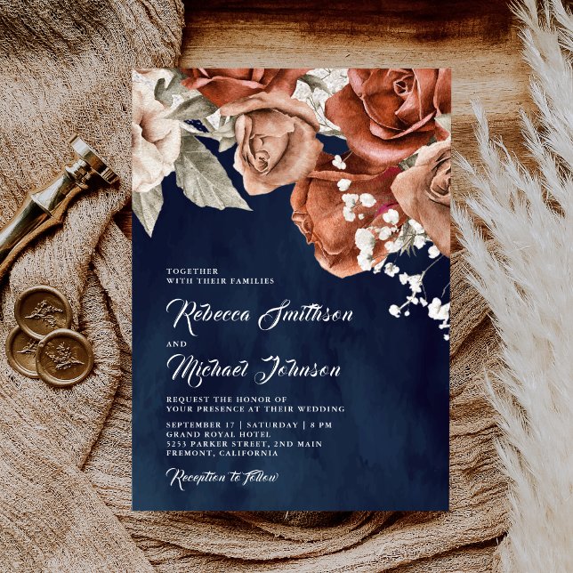 Invitation Roses orange brûlé Terracotta Floral Navy Mariage (Créateur téléchargé)