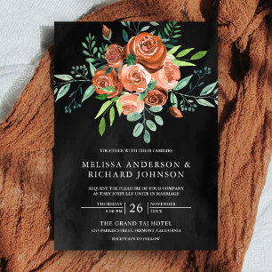 Invitation Roses Orange Brûlé Terreux Fleurs Gris Foncé Maria