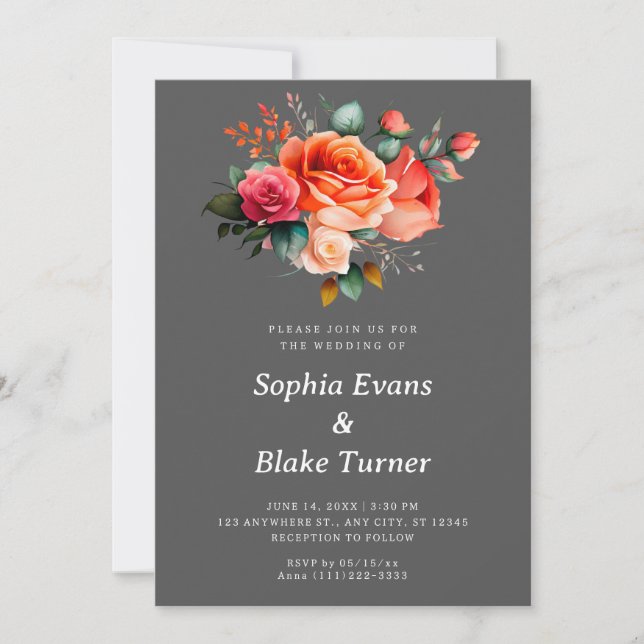 Invitation Roses orange et rose Mariage floral gris (Devant)