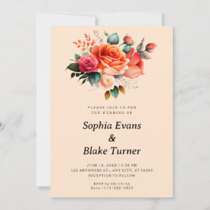 Invitation Roses orange et rose Mariage floral jaune