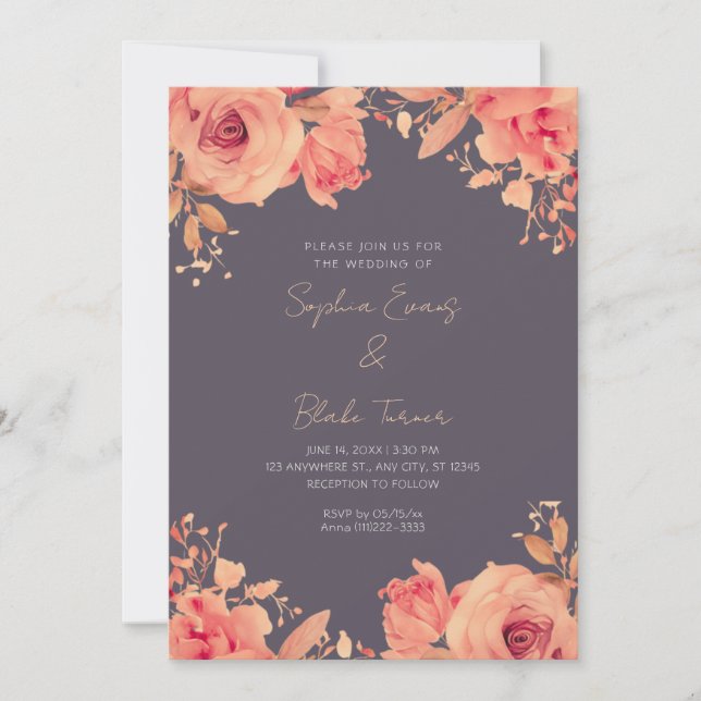 Invitation Roses Orange Romantiques Mariage Été Gris Fumé (Devant)