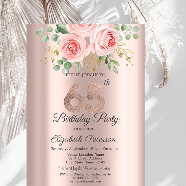 Invitation Roses Paillettes Drips Rose Gold 65e Anniversaire  (Créateur téléchargé)