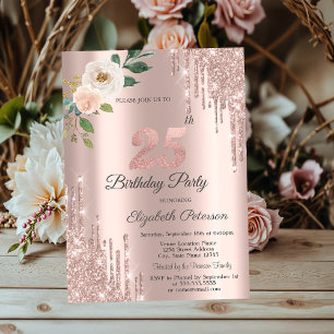 Invitation Roses Paillettes Gouttes Rose Gold 25e Anniversair