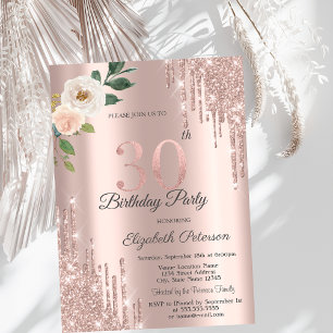 Invitation Roses Paillettes Gouttes Rose Gold 30e Anniversair