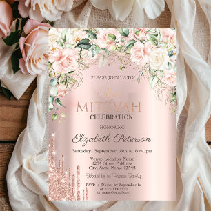 Invitation Roses Paillettes Gouttes Rose Gold Bat Mitzvah 