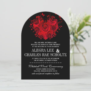 Invitation Roses Papillon Cœur Rouge & Noir Mariages