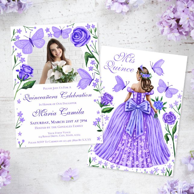 Invitation Roses + Papillons Lilac Quinceanera Photo (Roses + Butterflies Lilac Quinceanera Photo Invitation)