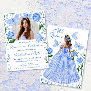 Invitation Roses + Papillons Photo Quinceanera bleu clair