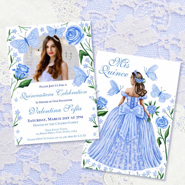 Invitation Roses + Papillons Photo Quinceanera bleu clair (Roses + Butterflies Light Blue Quinceanera Photo Invitation)