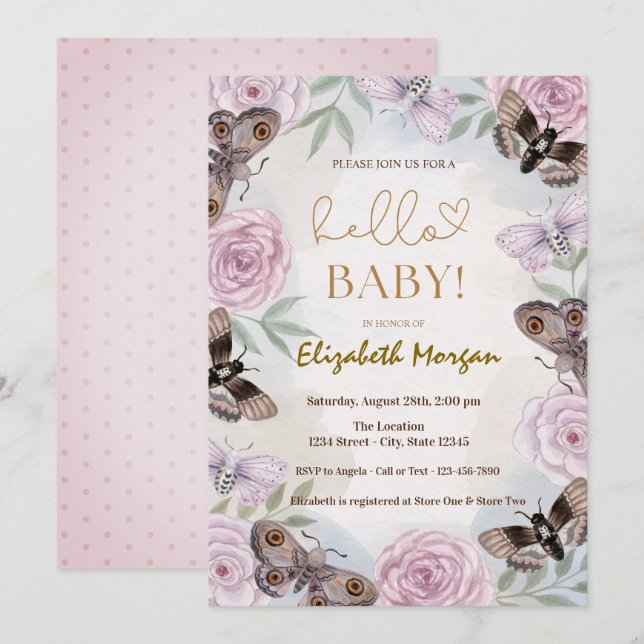 Invitation Roses papillons points à l'aquarelle Baby Shower   (Devant / Derrière)