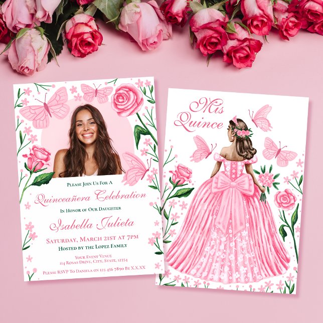 Invitation Roses + Papillons Quinceanera Rose Photo Invita (Roses + Butterflies Pink Quinceanera Photo Invita Invitation)