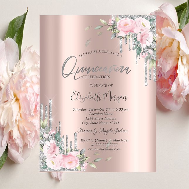 Invitation Roses, Parties scintillant en argent Rose Gold Qui (Créateur téléchargé)