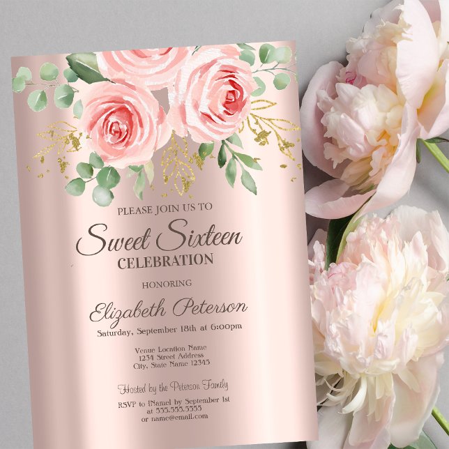 Invitation Roses, Parties scintillant Rose Gold Sweet 16 (Créateur téléchargé)