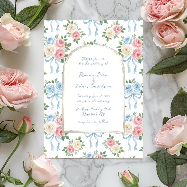 Invitation Roses pastel rose, blanches et bleues & Arche de r (Créateur téléchargé)