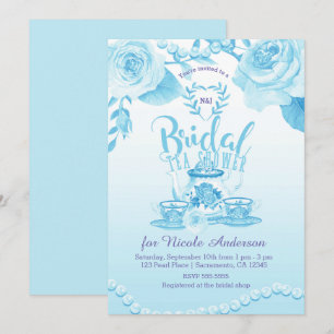 Invitation Roses & Pearls Élégant Blue Mariage Tea Shower