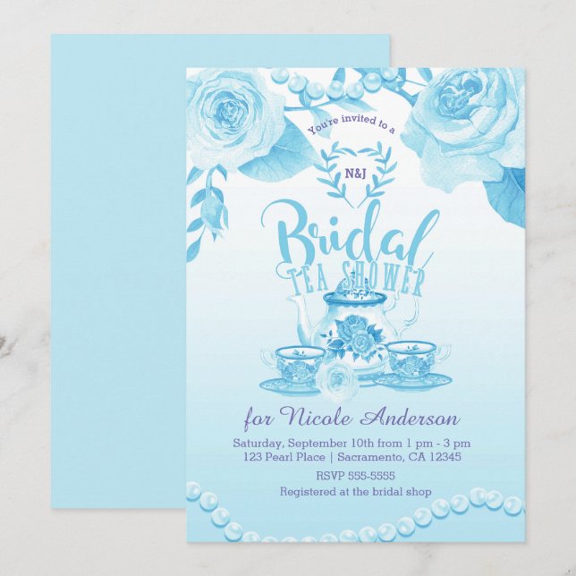 Invitation Roses & Pearls Élégant Blue Mariage Tea Shower (Devant / Derrière)
