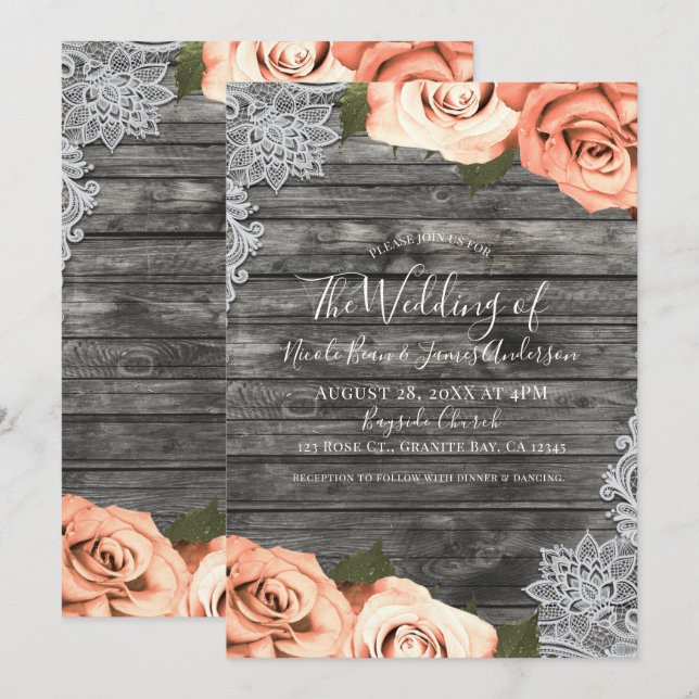 Invitation Roses pêche clair Bois rustique gris Mariage dente (Devant / Derrière)
