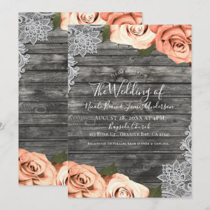 Invitation Roses pêche clair gris rustique blanc dentelle mar
