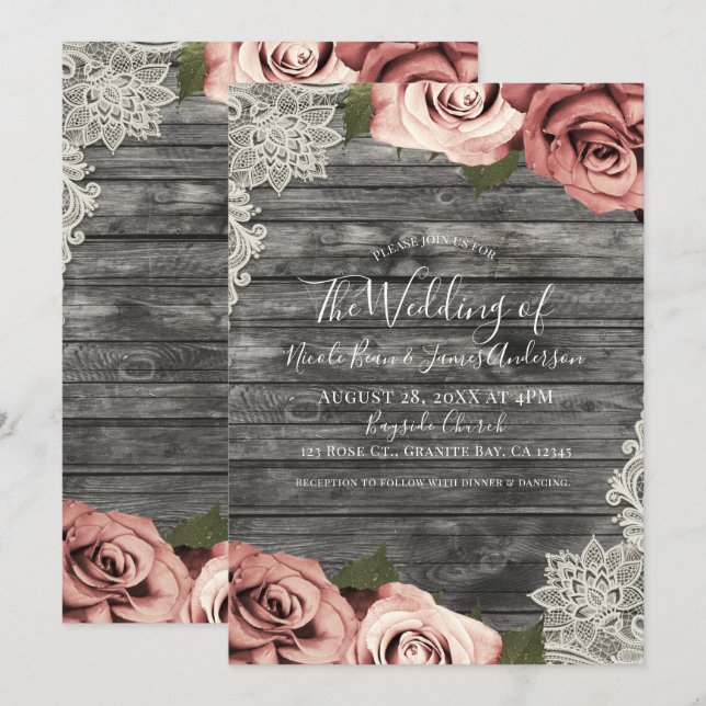 Invitation Roses pêche corail gris bois rustique dentelle mar (Devant / Derrière)