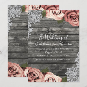 Invitation Roses pêche corail gris dentelle blanche rustique 