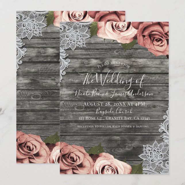 Invitation Roses pêche corail gris rustique blanc dentelle ma (Devant / Derrière)