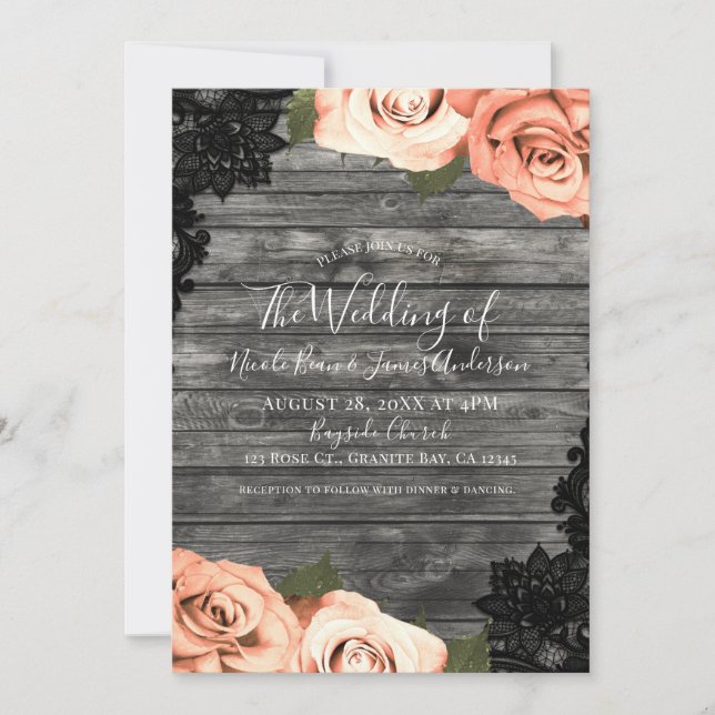 Invitation Roses pêche gris bois rustique noir mariage en den (Devant)
