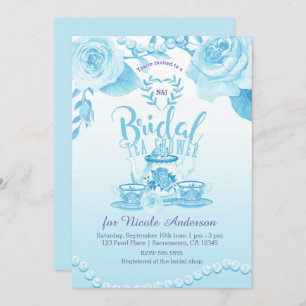 Invitation Roses & Perles Elégante Bleue Douche Thé Bridal