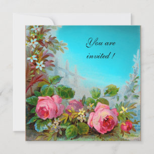 Invitation ROSES PINK & JASMIN  Bleu Aqua, Turquoise, Teal Ge