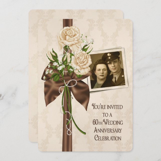 Invitation Roses pour le 60e anniversaire de mariage (Devant / Derrière)