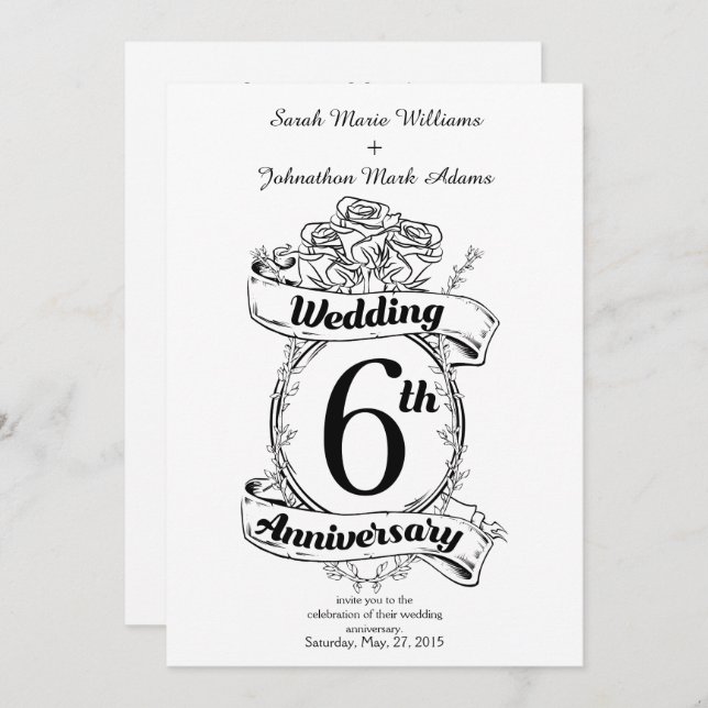 Invitation Roses pour le 6ème anniversaire de mariage (Devant / Derrière)