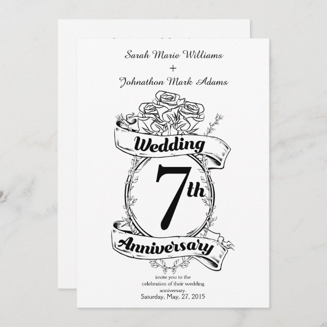 Invitation Roses pour le 7e anniversaire de mariage (Devant / Derrière)