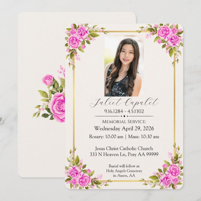 Invitation Roses pour le Service Funèbre (Devant / Derrière)