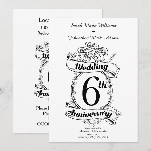 Invitation Roses pour les 6 ans de mariage (Devant / Derrière)