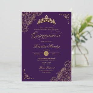 Invitation Roses Purple & Or Elegant Quinceañera