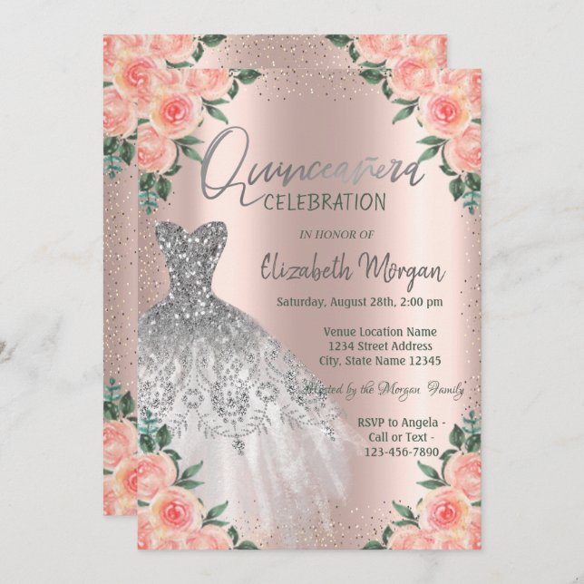 Invitation Roses, Robe, Fleurs, Rose Gold Quinceañera (Devant / Derrière)