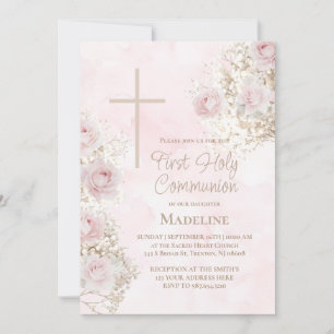 Invitation Roses rose Baby's Breath Première communion