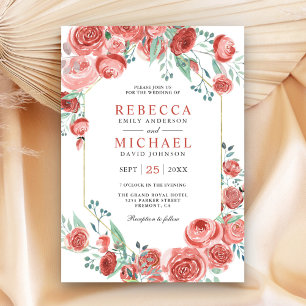 Invitation Roses rose corail moderne Mariage floral