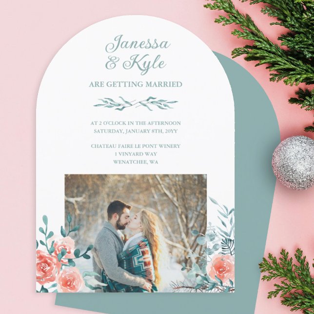 Invitation Roses rose et eucalyptus vert clair pour mariage (peach roses, light green eucalyptus leaves winter wedding invitation)