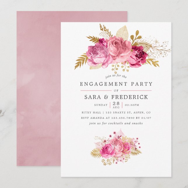 Invitation Roses rose et or Aquarelle (Devant / Derrière)