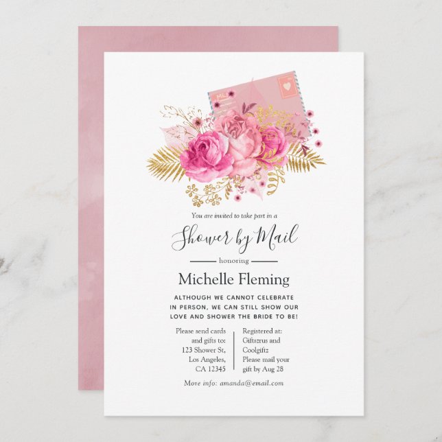 Invitation Roses rose et or Baby ou Fête des mariées par la p (Devant / Derrière)