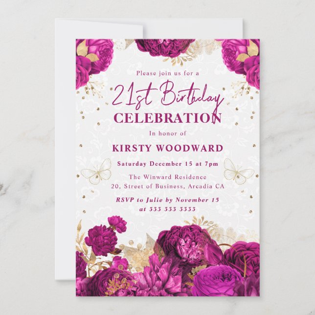 Invitation Roses Rose et Or Fleurs 21e Anniversaire (Devant)