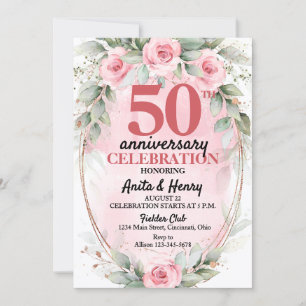 Invitation Roses rose et vert sauge tendre pour 50e anniversa
