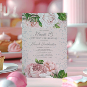 Invitation Roses rose Floral Parties scintillant argent doux 