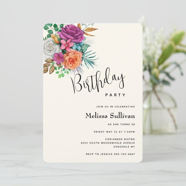 Invitation Roses rose, orange et blanche Bouquet floral Anniv (Debout devant)