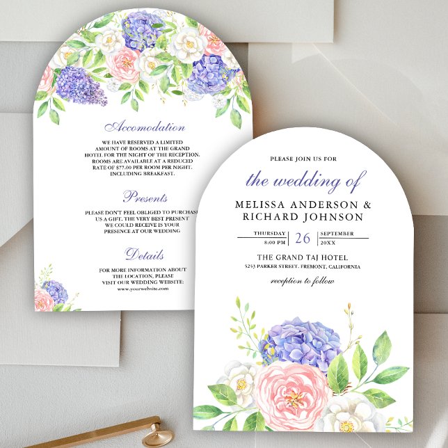 Invitation Roses Rose Pâle Hydrangeas Violettes Fleurs Mariag (Créateur téléchargé)