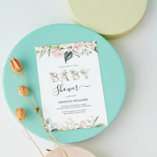Invitation Roses rose pâle Lettres florales Baby shower Invit