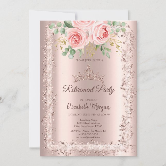 Invitation Roses, Rose Parties scintillant or cadre Couronne  (Devant)