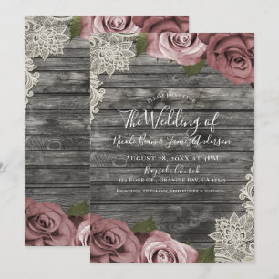 Invitation Roses Rose Poussiéreux Bois Rustique Gris Mariage 